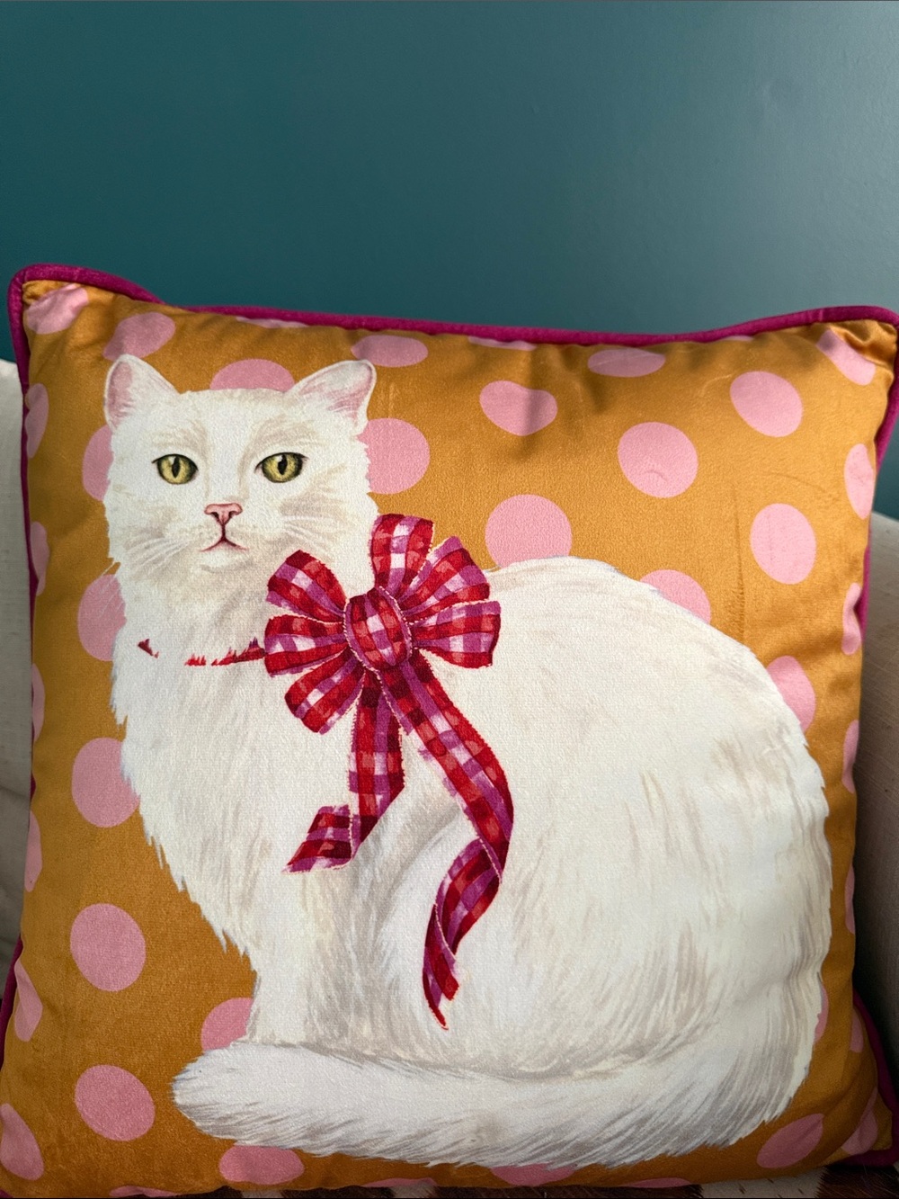 Anthropologie Coquette White Cat Velvet Pillow